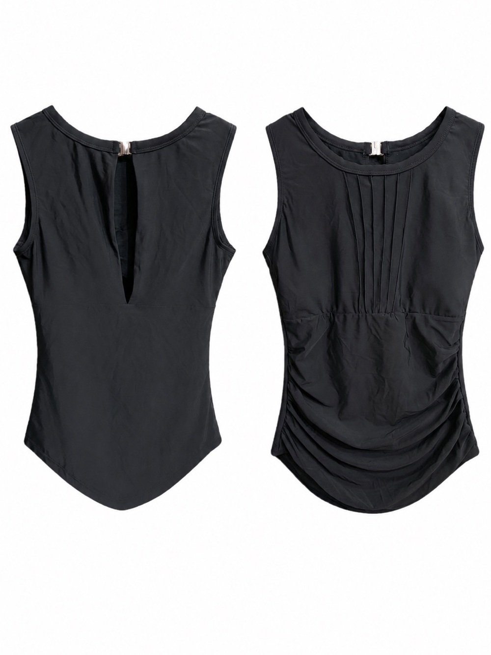 Classic Black One-Piece Swimsuit with Pintuck‎ Front & Ruched Back